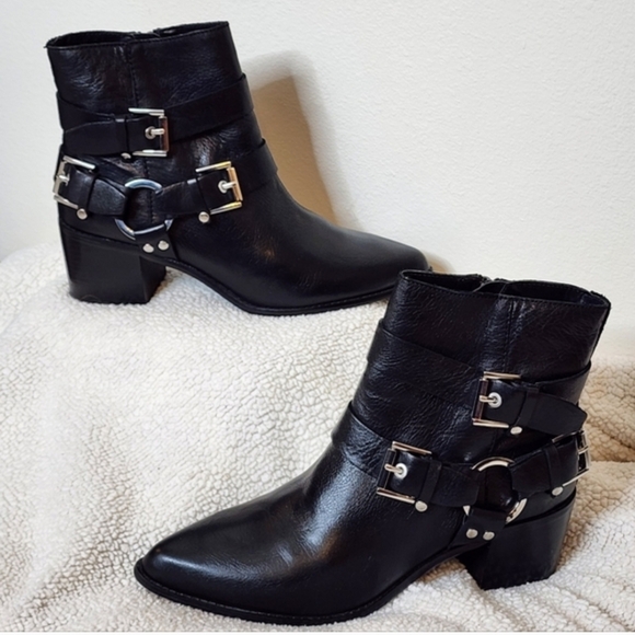 Aldo Black Leather Ankle Boots with Buckle Detail Moto Military Harness Boots - Picture 14 of 14